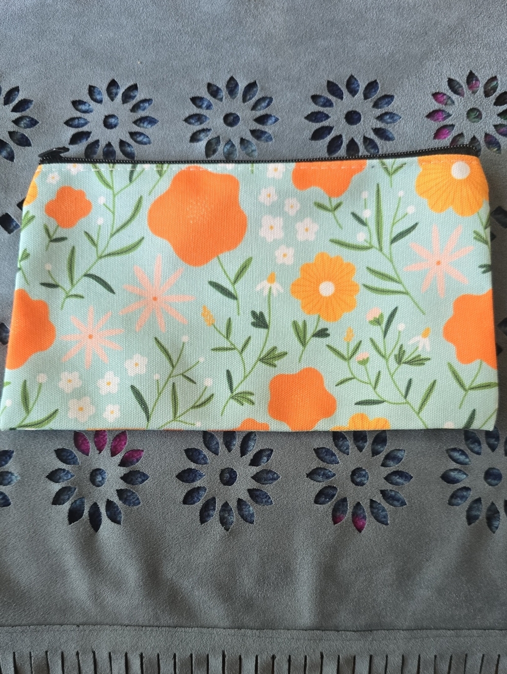 Floral Zip Pouch in Mint with Orange Poppy Flowers